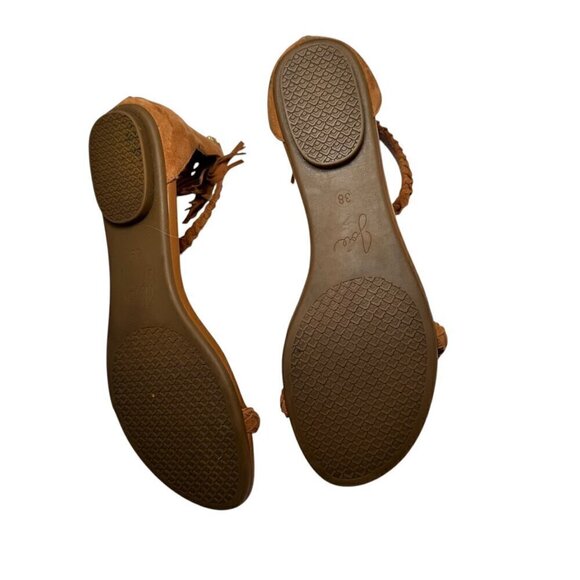 Joie Amina Suede Tassel Braided Sandals sz 7.5 Caramel Brown Zip Back Flat - Picture 4 of 5